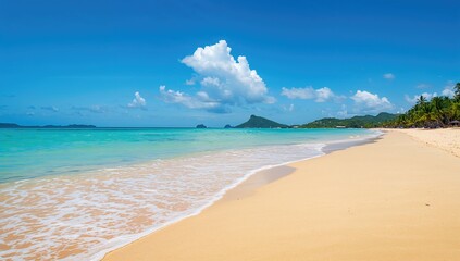 Fototapeta premium Sandy beach with gentle waves, ideal for relaxation and outdoor activities