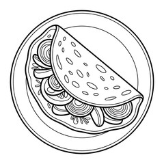 Appetizing quesadilla with onion rings on plate top view line art black and white