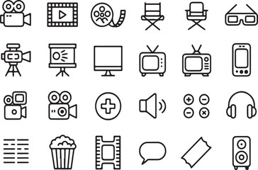 Collection of black line art icons for film production and media viewing film icon movie icon