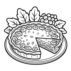 Delicious veggie tart pie with leaves on plate top view outline drawing art.
