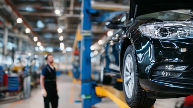 Black car undergoing maintenance on an elevated hydraulic platform, focus on the chassis and suspension, mechanic&rsquo;s silhouette blurred in background, smooth glossy reflections and