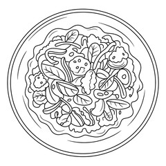 Top view of salad with fresh vegetables on a plate in a simple outline drawing style.