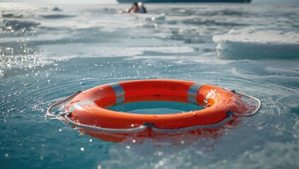 Life preserver resting on frozen pool surface, safety measure for aquatic activities, summer