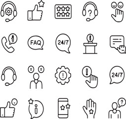 Collection of customer service and feedback icons in outline style support headset