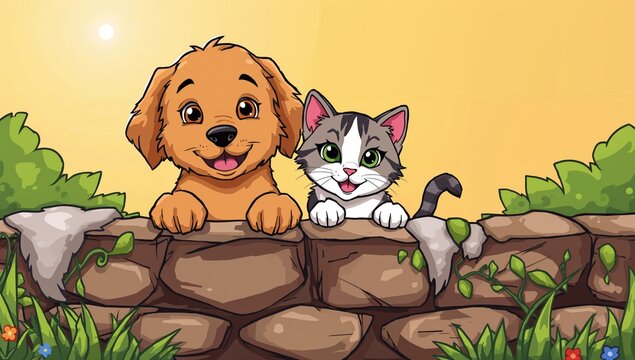 Portrait of joyful young animals peeking around a wall, theme of companionship