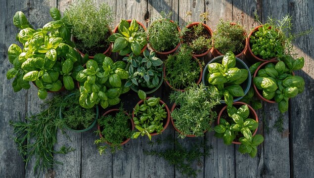 An assortment of vibrant potted herbs displayed on a wooden table, ideal for enhancing culinary flavors