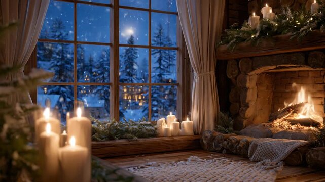 Christmas Eve scene with a crackling fireplace surrounded by candles and garlands, snow falling softly outside the frosted window, warm amber light blending with cool moonlit snow,