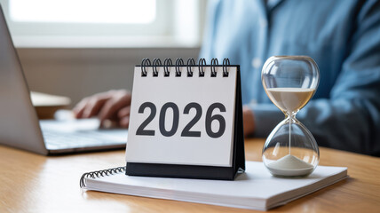 Desk with a calendar showing 2026, hourglass, and laptop, representing time and planning