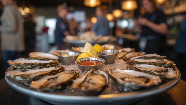 Whole oysters arranged by type at an oyster bar, a protein-rich meal