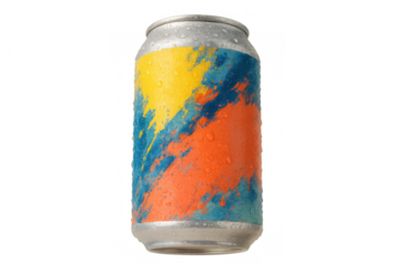 Cold aluminum beverage can with vibrant abstract splash label design, showing condensation, isolated on transparent background