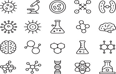 Science icons set virus microscope brain D N A molecules bacteria vector
