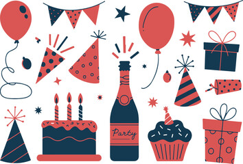 Red and navy blue birthday party elements with cake balloons and gifts celebration cupcake