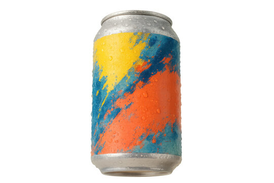Cold aluminum beverage can with vibrant abstract splash label design, showing condensation, isolated on transparent background - Powered by Adobe