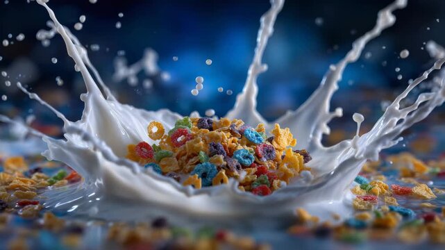 Cinematic splash of milk with cornflakes, oat clusters, and colorful loops bursting outward, droplets and cereal frozen in time, vibrant blue background creating striking contrast