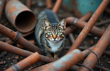 Tabby cat with green eyes sits among rusted pipes and metal debris. The animal looks intently at the camera amidst industrial junk. It is a stray living in abandoned urban ruin.