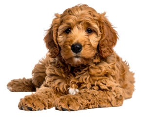 Adorable red Cobber dog aka Labradoodle dog puppy, laying down side ways. Looking straight to camera, closed mouth. Isolated cutout on a transparent background png 