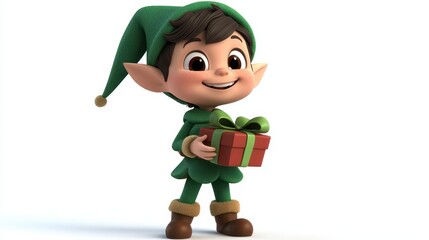 Cheerful Elf Child Holding a Gift in Festive Holiday Outfit.