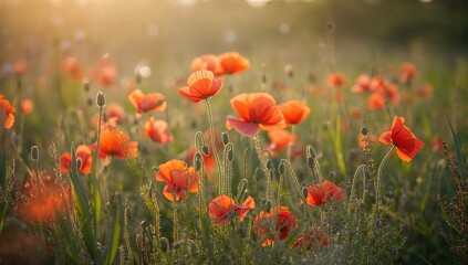 Obraz premium Selective blur softens focus on red poppies in a clearing, enhancing their beauty as a vibrant floral frame