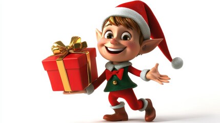 Cheerful Elf Character Holding a Gift for Holiday Celebrations.