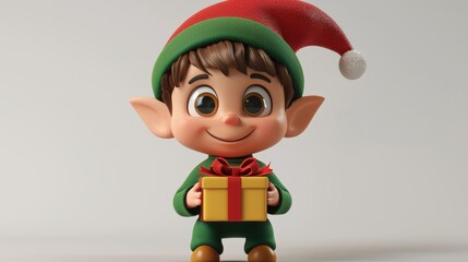 Cheerful Cartoon Elf Holding a Gift Box for Holiday Celebrations.