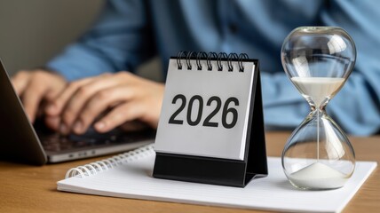 A person works on a laptop next to a calendar showing 2026 and an hourglass, symbolizing future planning and time