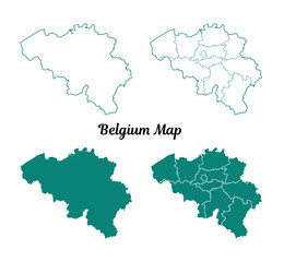 Belgium Map Teal Outline and Solid Teal with Regions on White