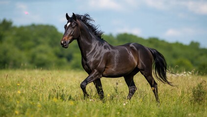 Fototapeta premium Horse running freely across a meadow, embodying freedom and vitality