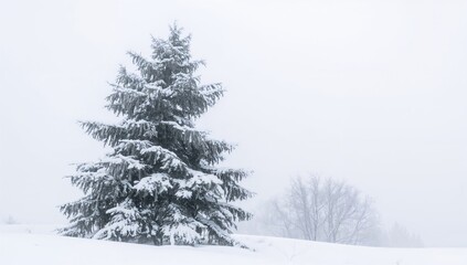 Fototapeta premium Pine tree blanketed in snow, natural winter scenery, Christmas