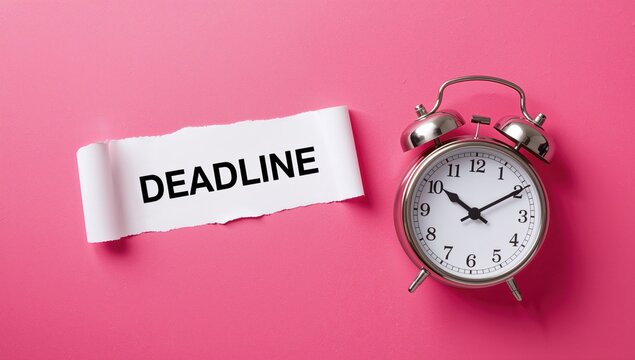On a pink background, a ripped white paper with a deadline is positioned near an alarm clock, emphasizing urgency - Powered by Adobe