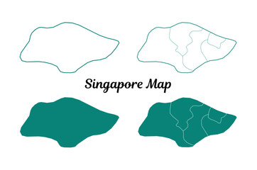 Teal Singapore Map Outlines on White, Region Dividisions, and Fill, Showing Geography