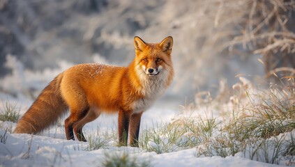 Red fox in a snowy woodland setting, showcasing the beauty of winter wildlife