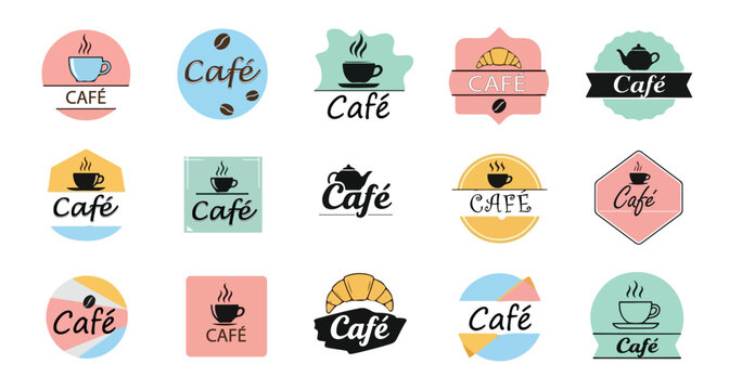 A collection of diverse caf&eacute; logo drafts featuring various designs and color schemes. Images include steaming coffee cups, croissants, teapots, and coffee beans.