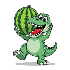 Dinosaur Holding Watermelon Cartoon Vector Illustration — Fun Animal Character for Kids, Summer, and Food Design