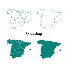 Spain Map Teal Outlines on White Background Set