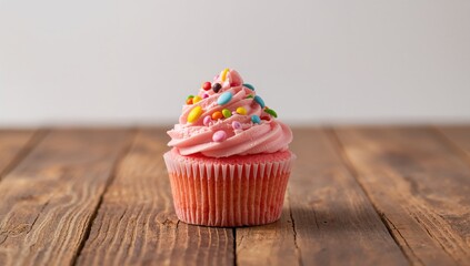 Pink cupcake adorned with candies on a wooden surface, a sweet treat for celebrations