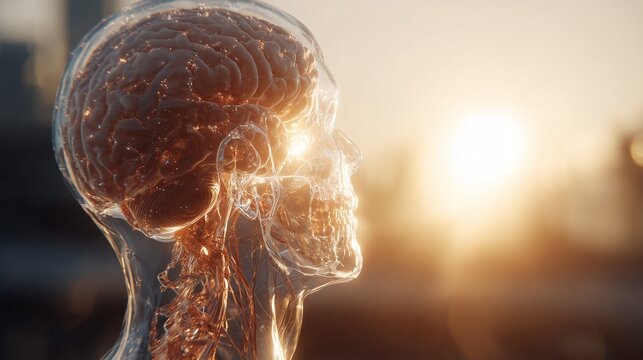 A detailed representation of a brain is showcased against a golden sunset, creating a striking visual contrast. This intricate brain design highlights the link between biology and