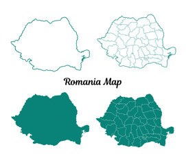 Romania Teal Map Outlines on White, Geographical Set