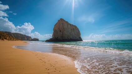 Unique rock formation by the ocean under a clear blue sky, preservation