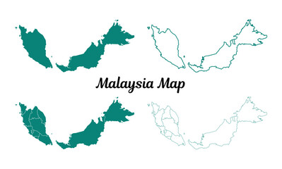 Teal Malaysia Map Silhouettes on White Background