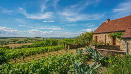 Vineyard cabin overlooking a rural landscape, seasonal change