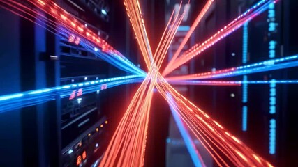 Abstract network data flow with glowing red and blue fiber optic cables moving through a dark server room representing technology and connectivity - Powered by Adobe