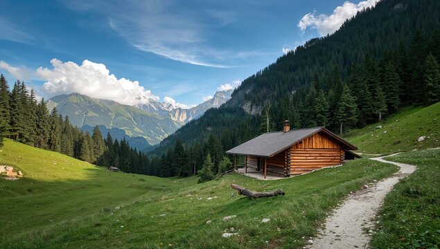Wooden hut nestled in a mountainous landscape, showcasing traditional architecture, preservation