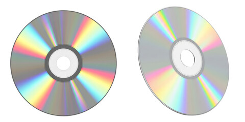 Set of blank CD or DVD disc with rainbow holographic reflection isolated on white