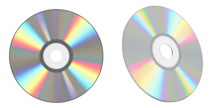 Set of blank CD or DVD disc with rainbow holographic reflection isolated on white
