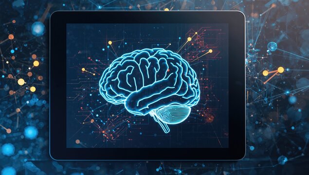 Digital tablet and creative symbol in double exposure, exploring neural networks and machine learning themes