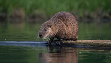 Muskrat preparing to dive into water, highlighting the natural habitat's ecosystem