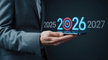 Businessman holding a smartphone displaying the year 2026 with surrounding years 2025 and 2027