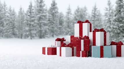 Festive christmas gift scene with red and white presents in snowy winter forest