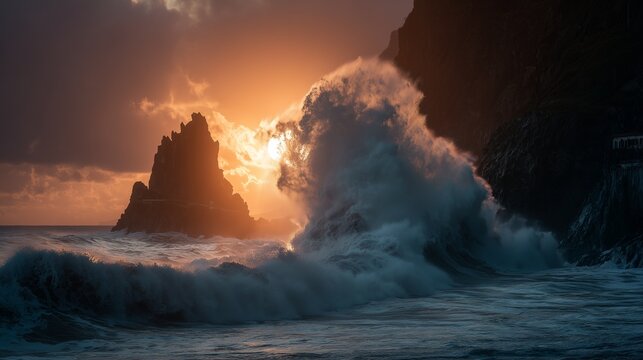 A giant wave crashes against the rocky shore at sunset, highlighting the wave's power against the scenic backdrop. The glowing sun sets behind the rock formation, adding to the bea