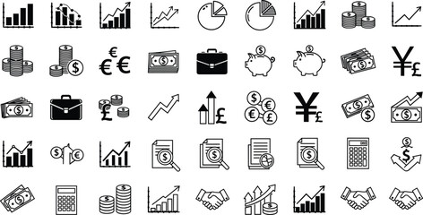 Business, finance, money, banking, currency, investment, analytics, savings, economy, profit, exchange, growth, chart, cash, piggy bank, calculator, payment, icon set